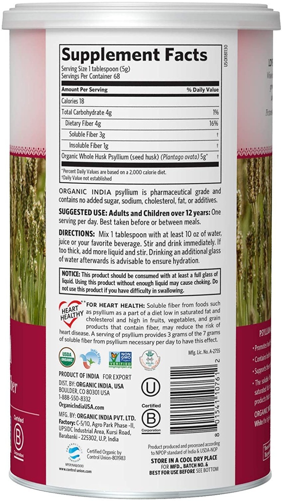 Organic India Whole Psyllium Husk Powder 12oz