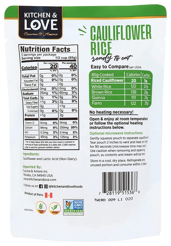 Kitchen & Love Ready to Eat Riced Cauliflower 8oz