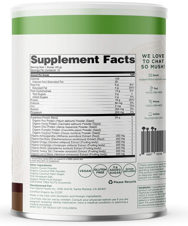 Four Sigmatic Plant Based Superfood Protein Powder Cacao 21.6oz