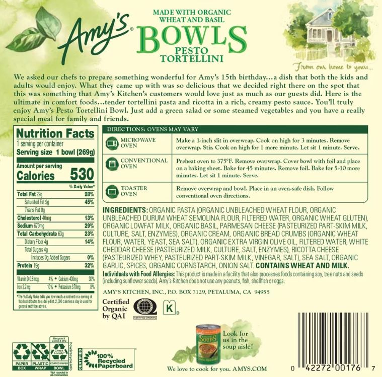 Amy's Organic Pesto Tortellini Bowl 9.5oz