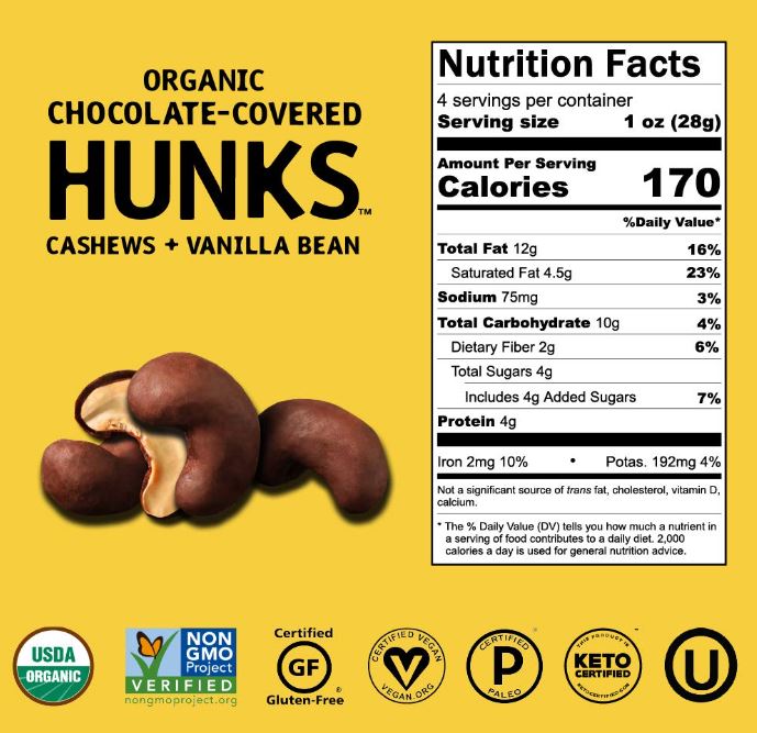 Hu Organic Chocolate Covered Hunks Cashew & Vanilla Bean 4oz