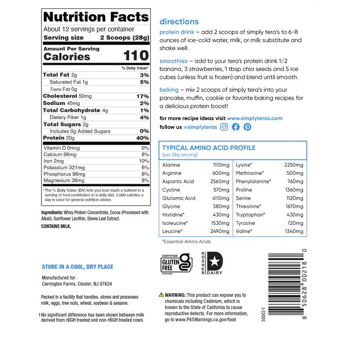 Simply Tera's Dark Chocolate Whey Protein rBGH Free 12oz
