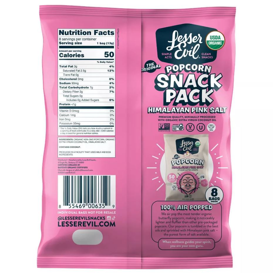 Lesser Evil Himalayan Pink Organic Popcorn .46oz 8-Pack