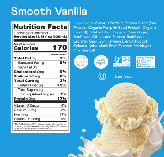 Owyn Plant Based Smooth Vanilla Protein Shake 11.14oz.