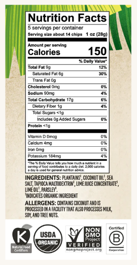 Barnana Organic Plantain Chips Kettle Cooked Acapulco Lime 5oz.