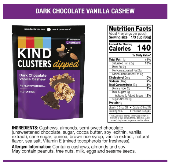 Kind Cluster Dips Dark Chocolate Vanilla Cashew 4oz.