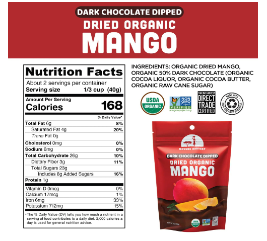 Mavuno Harvest Organic Dark Chocolate Dried Mango 3oz.