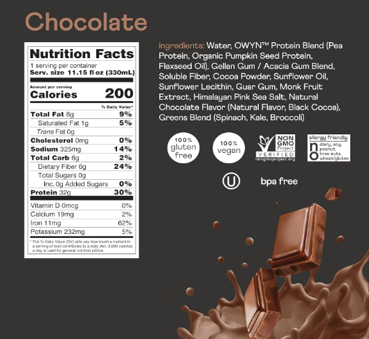 Owyn Zero Sugar Plant Based Chocolate Protein Shake 11.15oz.