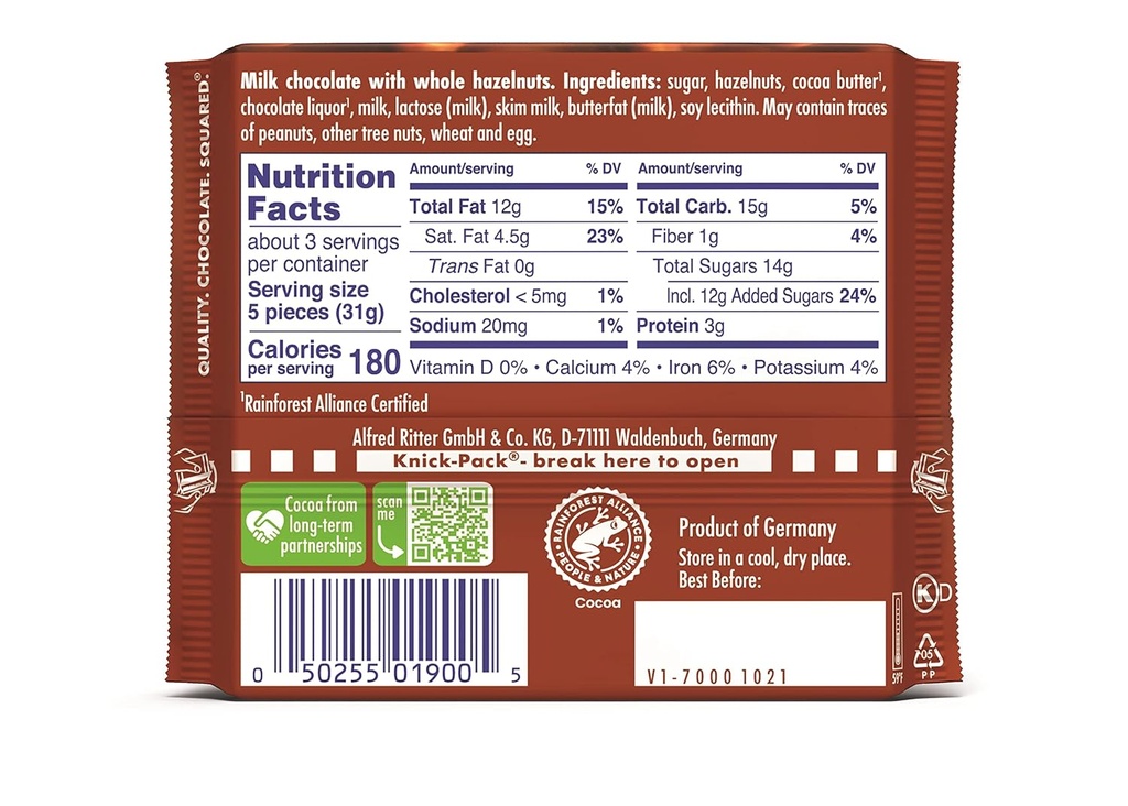 Ritter Sport Chocolate Bar Milk Chocolate With Whole Hazelnuts 3.5oz