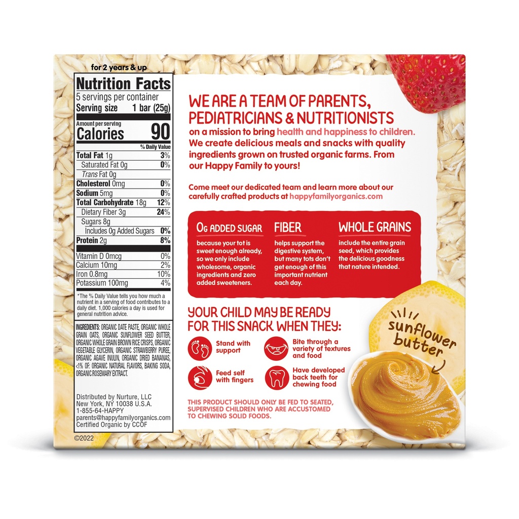 Happy Tot Organic Soft-Baked Oat Bar Bananas, Strawberries & Sunflower Butter 5 Pack 4.4oz