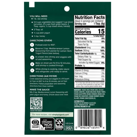 Simply Organic Sheet Pan Seasoning Mix Mediterranean Lemon 0.85oz
