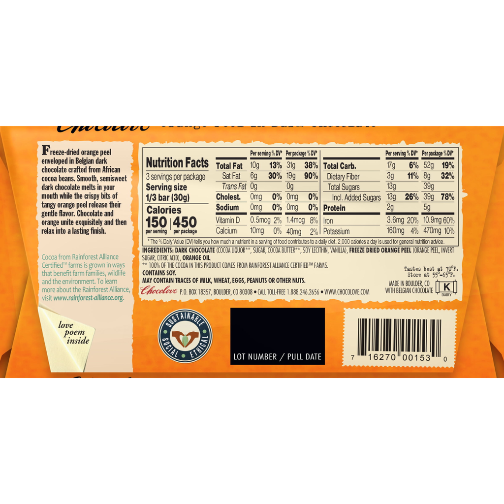 Chocolove Dark Chocolate Orange Peel Bar 3.2oz