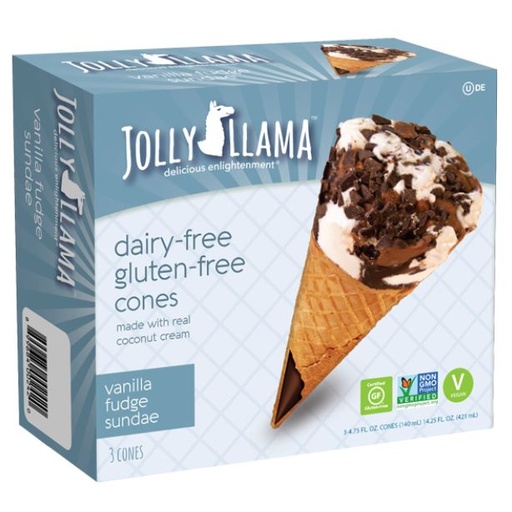 [205421-BB] Jolly Llama Dairy-Free Sundae Cones Vanilla Fudge 3ct