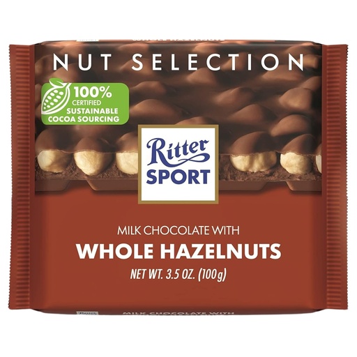 [208655-BB] Ritter Sport Chocolate Bar Milk Chocolate With Whole Hazelnuts 3.5oz
